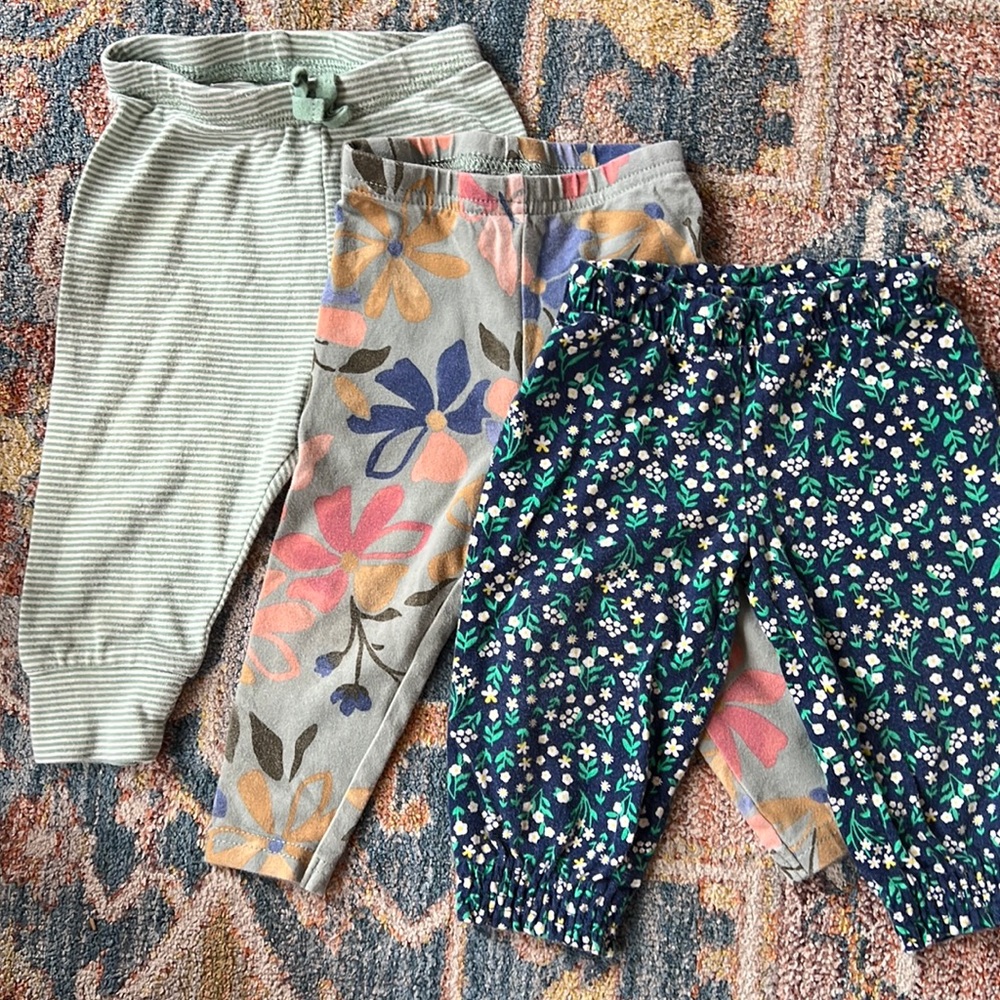 BUNDLE - Three 9 months leggings - green stripe, two green florals